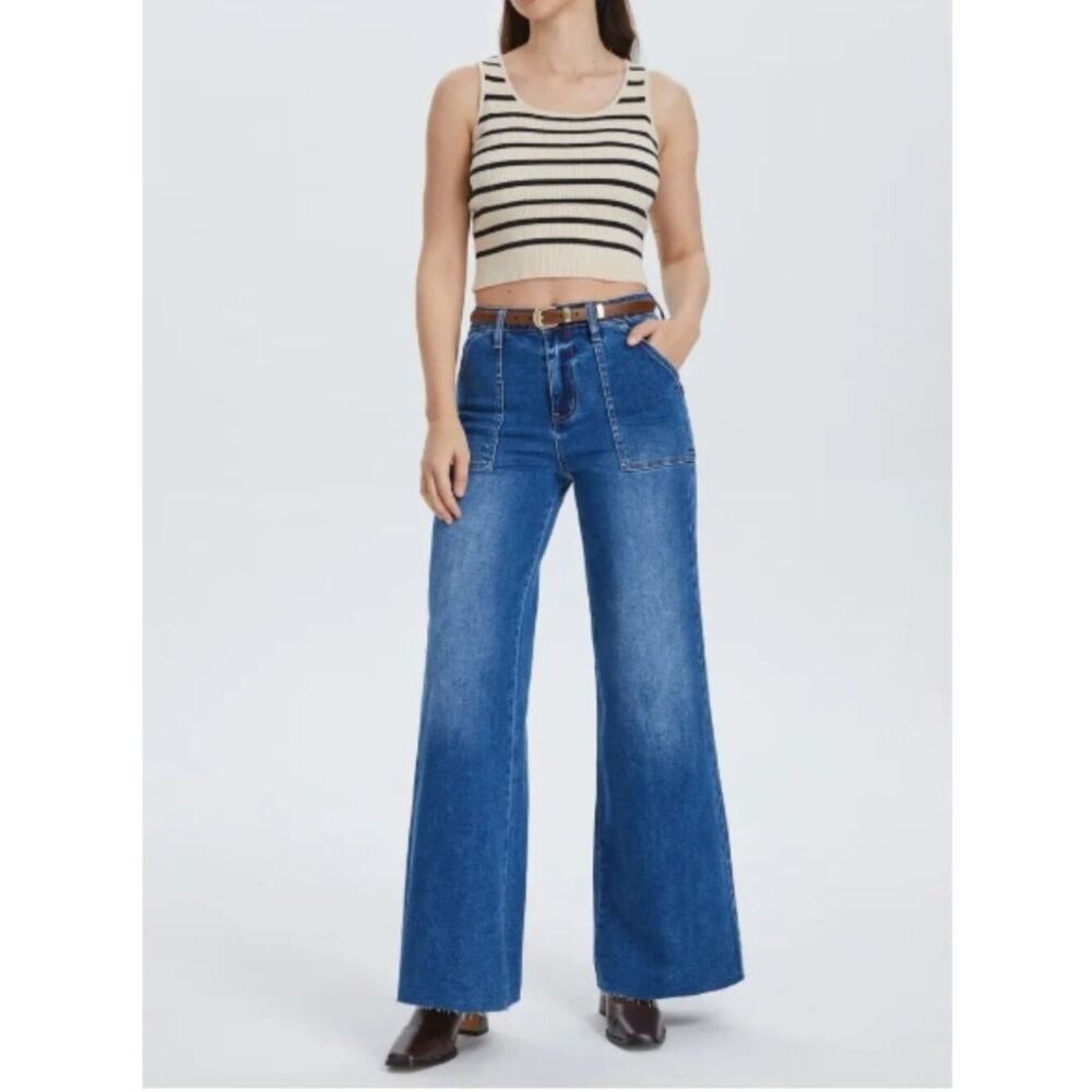 EUC BAYEAS Raw Hem High Waist Utility Wide Leg Jeans Dark Indigodnu Sz 32